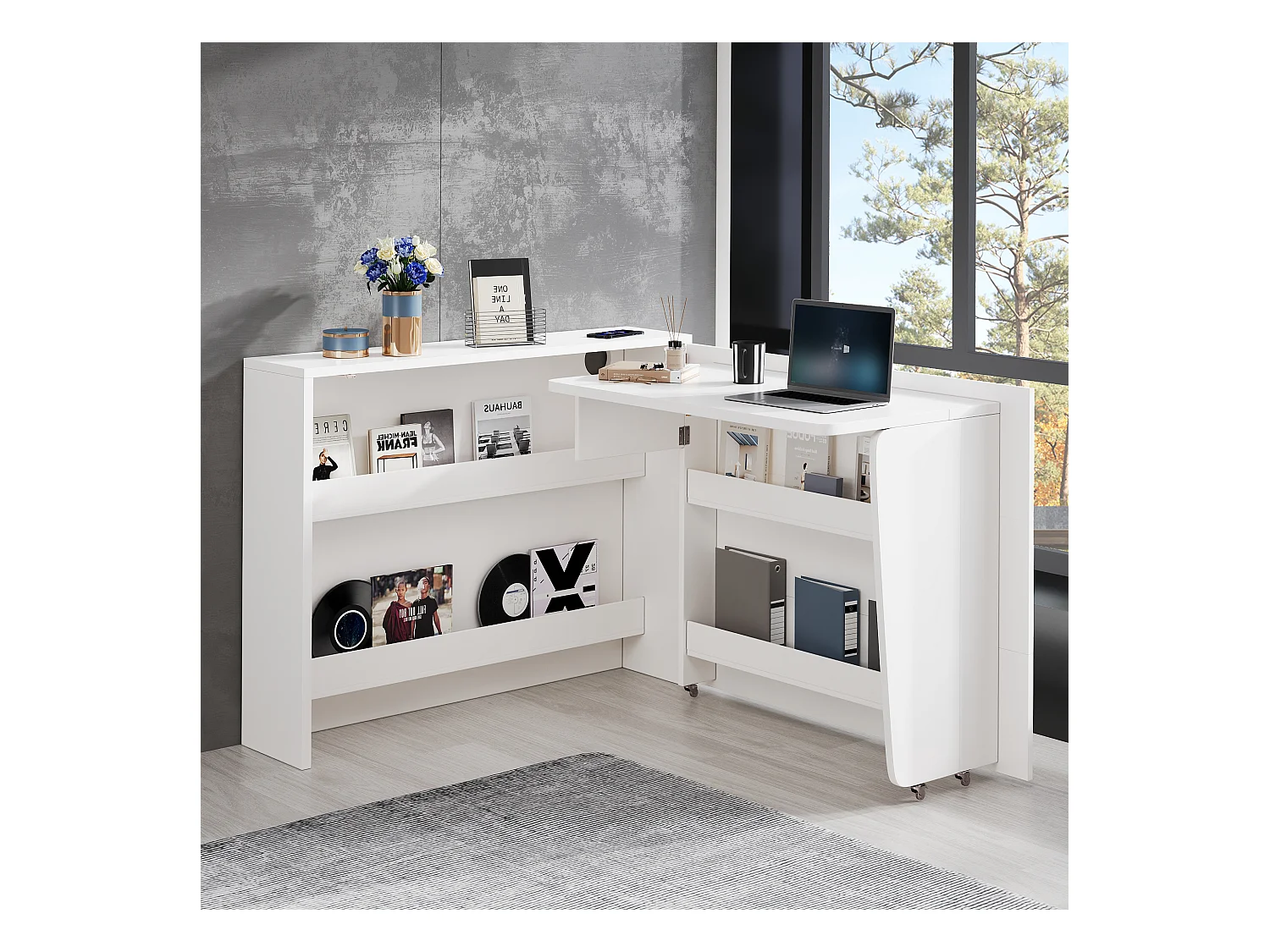 Bureau pliable avec chargeur sans fil - 115 x 51 x 93 cm - buffet et bureau 2 en 1 - aggloméré - blanc