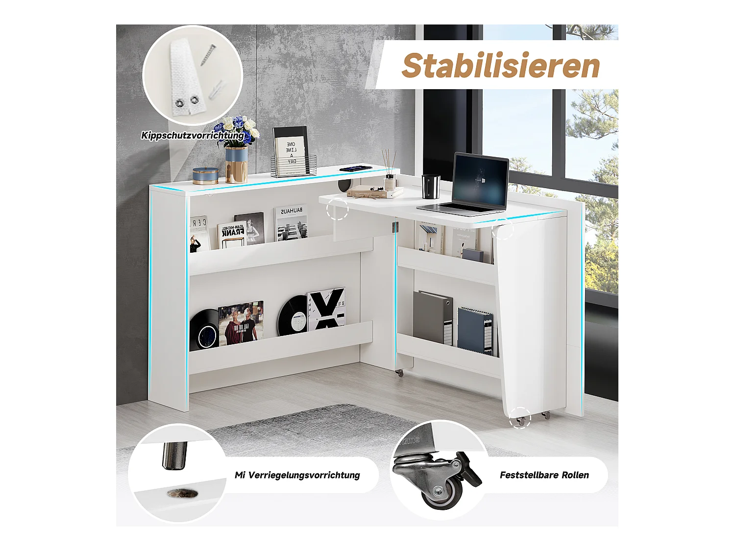 Bureau pliable avec chargeur sans fil - 115 x 51 x 93 cm - buffet et bureau 2 en 1 - aggloméré - blanc