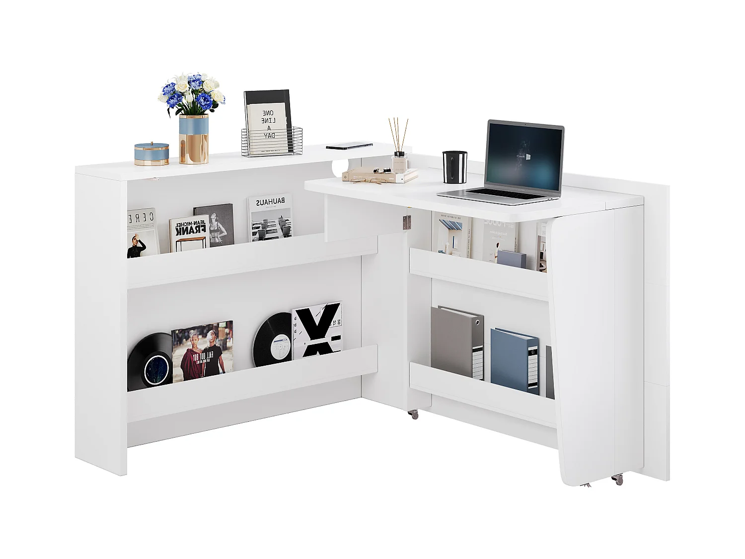Bureau pliable avec chargeur sans fil - 115 x 51 x 93 cm - buffet et bureau 2 en 1 - aggloméré - blanc