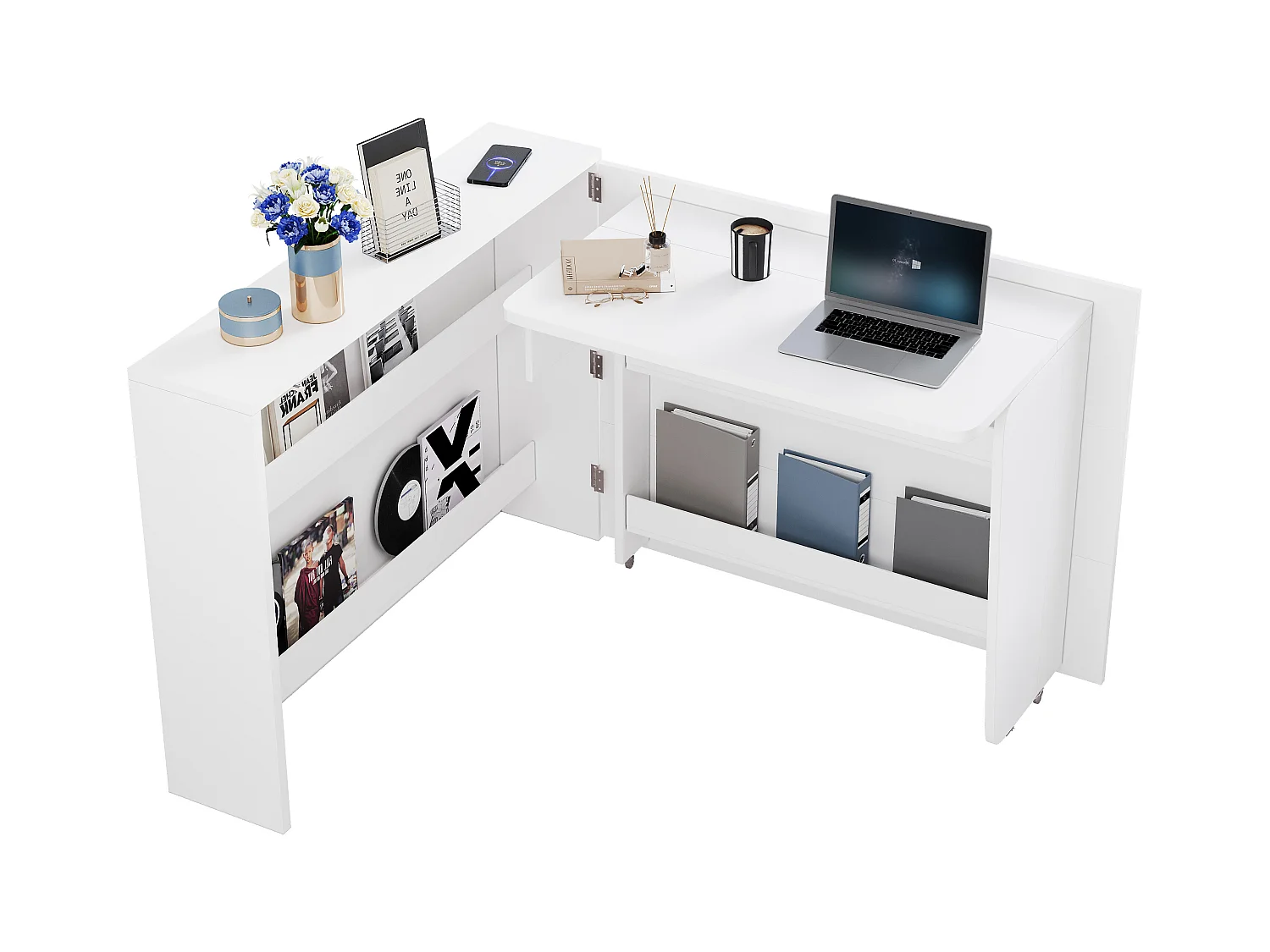 Bureau pliable avec chargeur sans fil - 115 x 51 x 93 cm - buffet et bureau 2 en 1 - aggloméré - blanc
