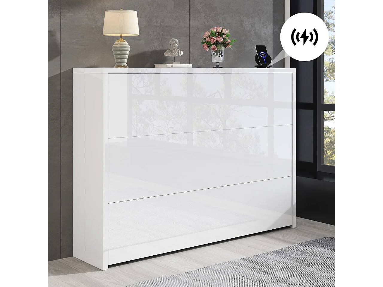 Bureau pliable avec chargeur sans fil - 115 x 51 x 93 cm - buffet et bureau 2 en 1 - aggloméré - blanc