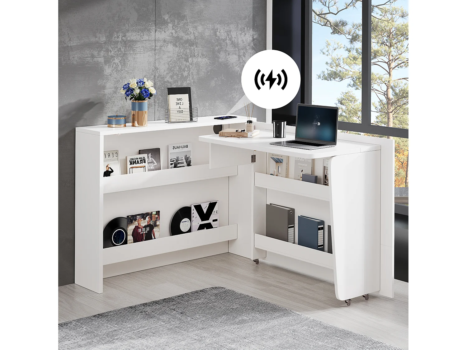 Bureau pliable avec chargeur sans fil - 115 x 51 x 93 cm - buffet et bureau 2 en 1 - aggloméré - blanc