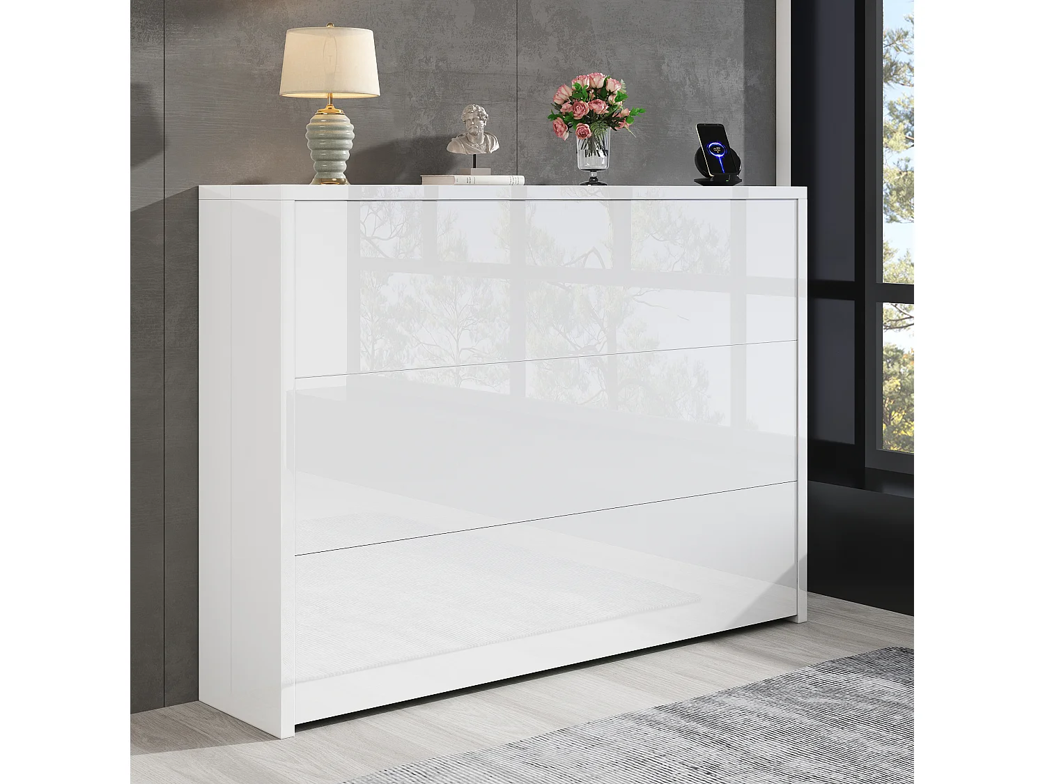 Bureau pliable avec chargeur sans fil - 115 x 51 x 93 cm - buffet et bureau 2 en 1 - aggloméré - blanc