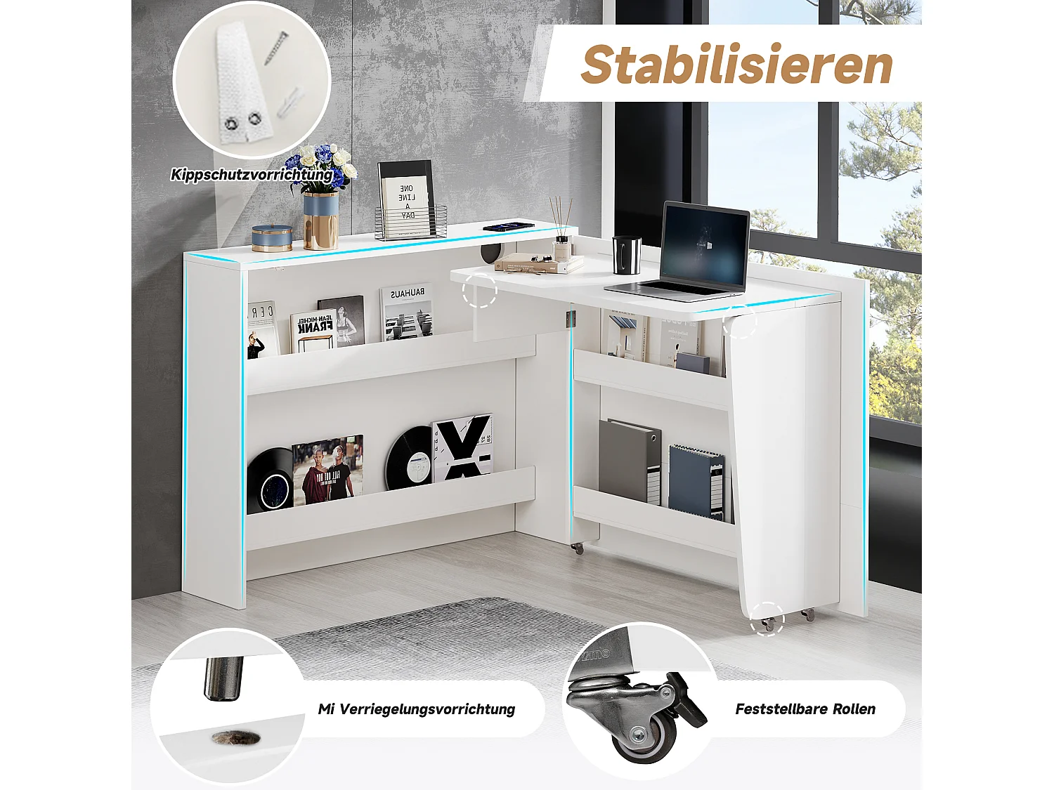 Bureau pliable avec chargeur sans fil - 115 x 51 x 93 cm - buffet et bureau 2 en 1 - aggloméré - blanc