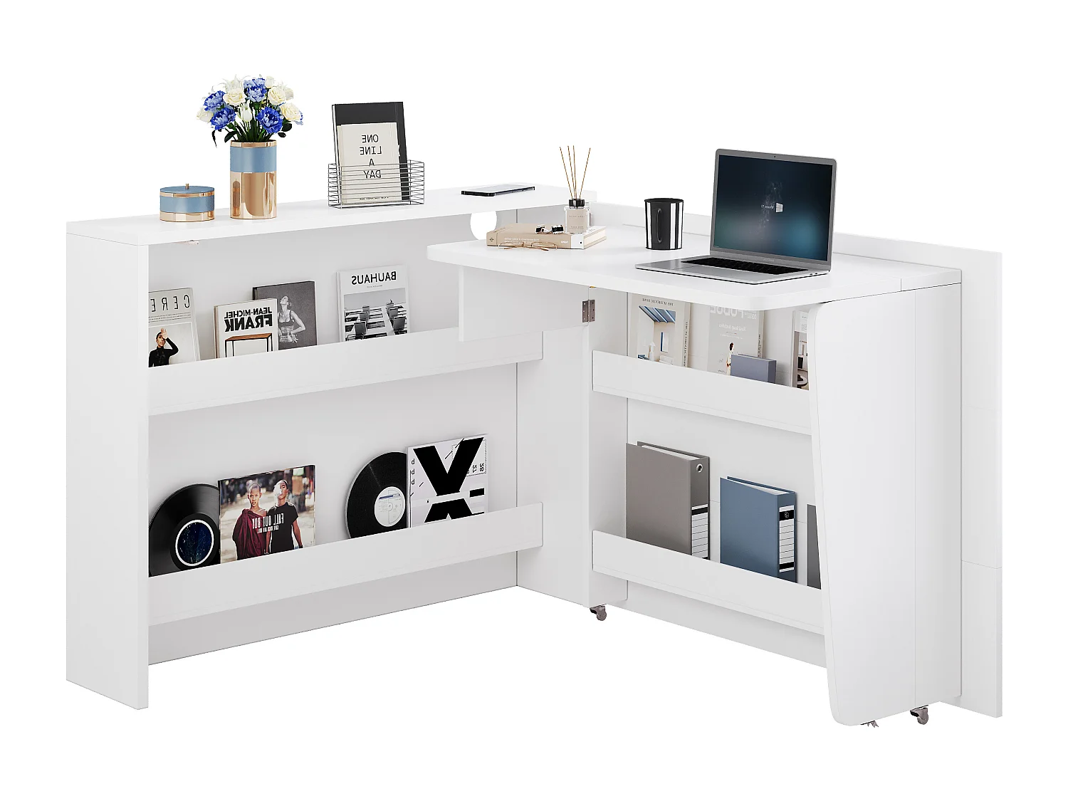Bureau pliable avec chargeur sans fil - 115 x 51 x 93 cm - buffet et bureau 2 en 1 - aggloméré - blanc