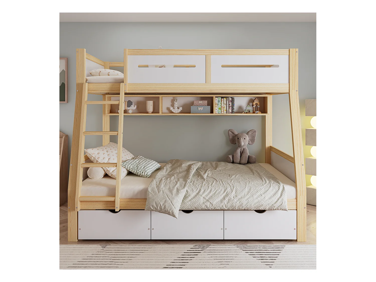 Lit superposés enfant - 90 x 200 cm + 120 x 200 cm - avec 3 tiroirs + clôture - pin + MDF - blanc + naturel