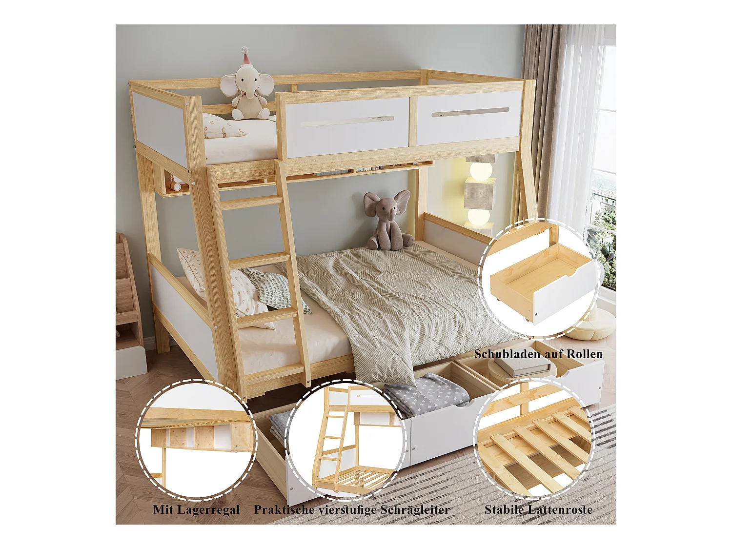 Lit superposés enfant - 90 x 200 cm + 120 x 200 cm - avec 3 tiroirs + clôture - pin + MDF - blanc + naturel