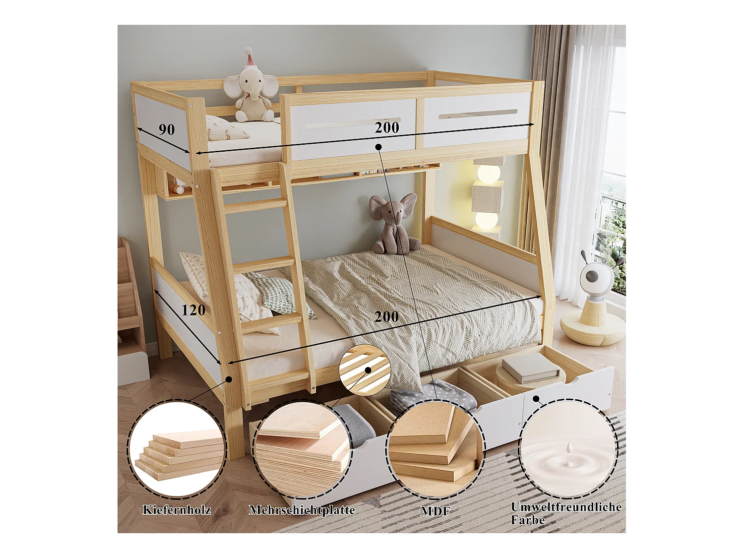 Lit superposés enfant - 90 x 200 cm + 120 x 200 cm - avec 3 tiroirs + clôture - pin + MDF - blanc + naturel