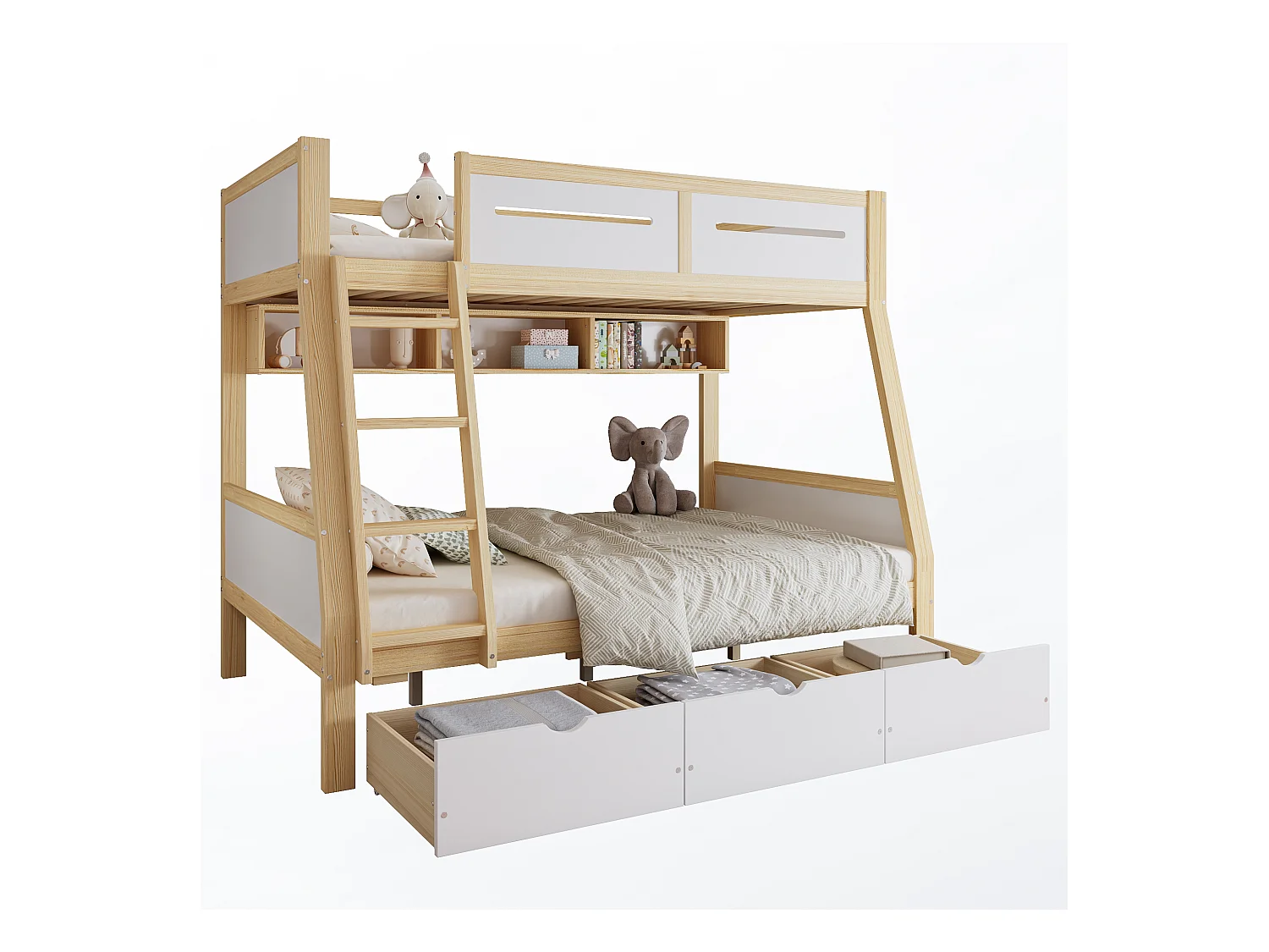 Lit superposés enfant - 90 x 200 cm + 120 x 200 cm - avec 3 tiroirs + clôture - pin + MDF - blanc + naturel