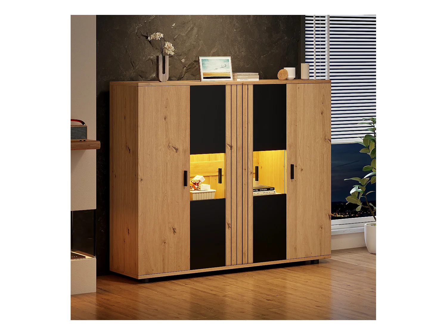 Meuble d'appoint de salon - 140 x 35 x 113cm - buffet avec cloisons réglables + 4 portes - aggloméré - naturel