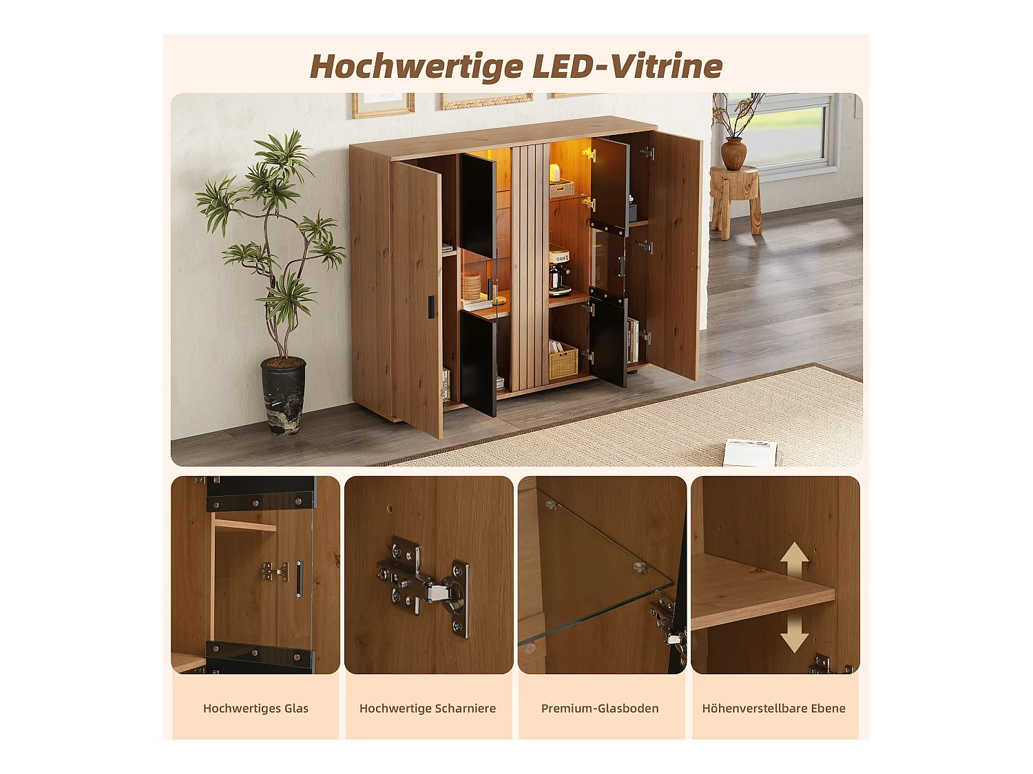 Meuble d'appoint de salon - 140 x 35 x 113cm - buffet avec cloisons réglables + 4 portes - aggloméré - naturel