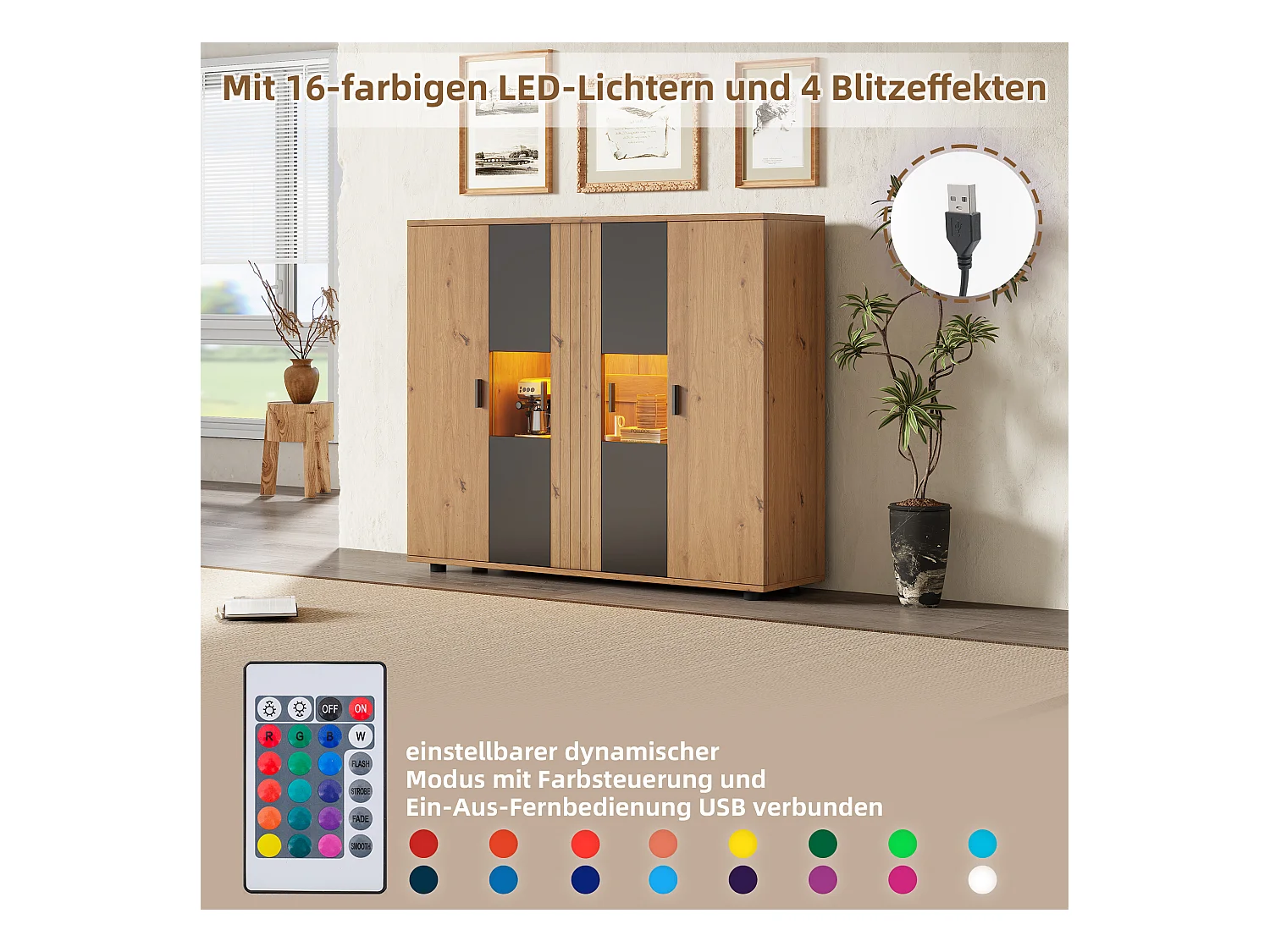 Meuble d'appoint de salon - 140 x 35 x 113cm - buffet avec cloisons réglables + 4 portes - aggloméré - naturel