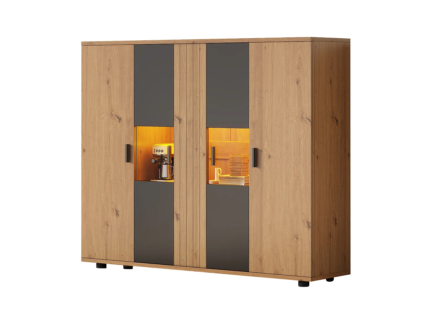 Meuble d'appoint de salon - 140 x 35 x 113cm - buffet avec cloisons réglables + 4 portes - aggloméré - naturel