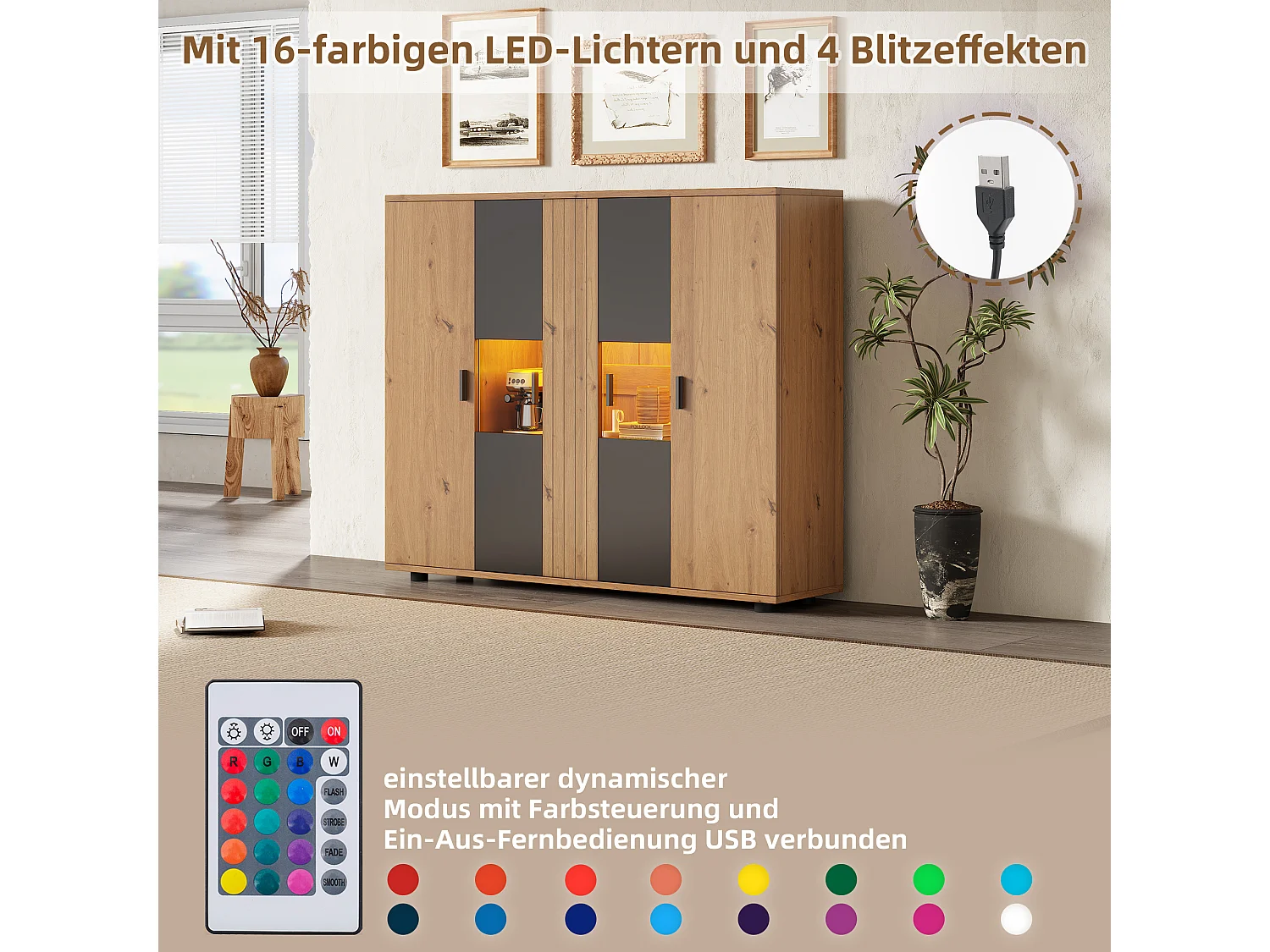 Meuble d'appoint de salon - 140 x 35 x 113cm - buffet avec cloisons réglables + 4 portes - aggloméré - naturel