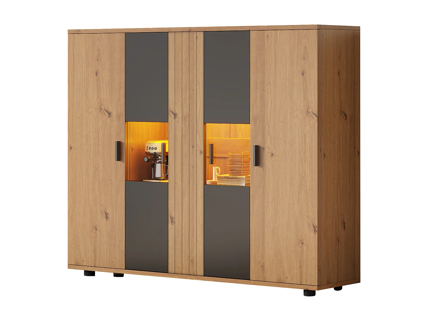 Meuble d'appoint de salon - 140 x 35 x 113cm - buffet avec cloisons réglables + 4 portes - aggloméré - naturel