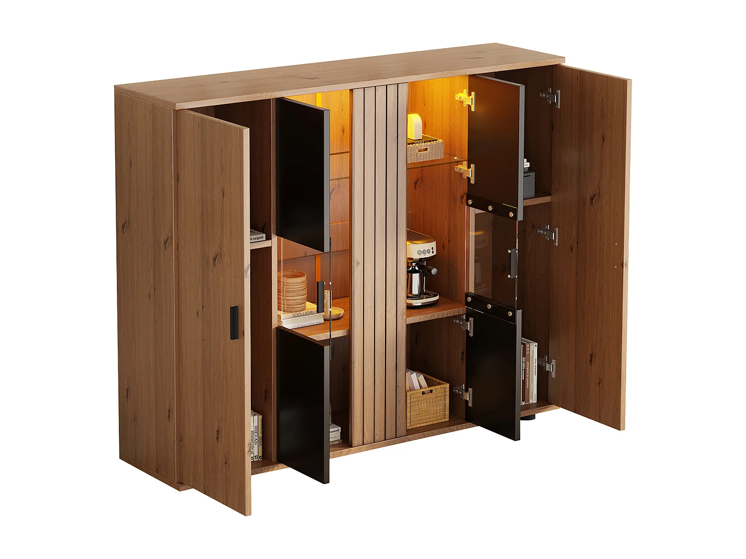 Meuble d'appoint de salon - 140 x 35 x 113cm - buffet avec cloisons réglables + 4 portes - aggloméré - naturel