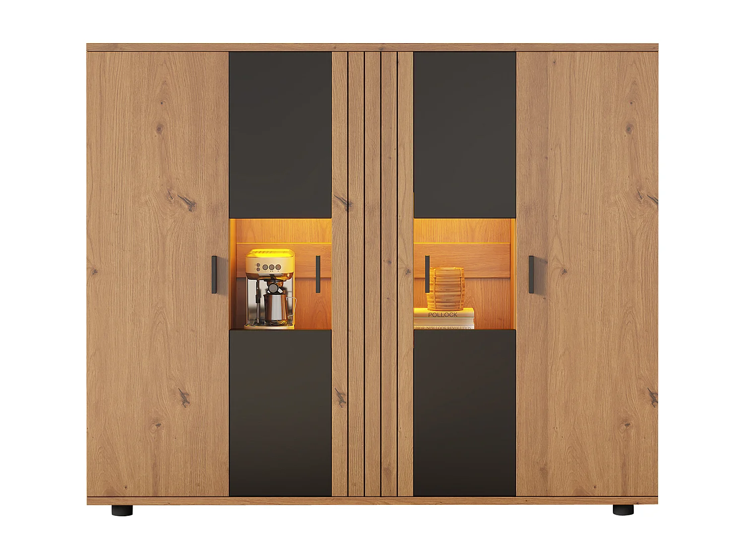 Meuble d'appoint de salon - 140 x 35 x 113cm - buffet avec cloisons réglables + 4 portes - aggloméré - naturel