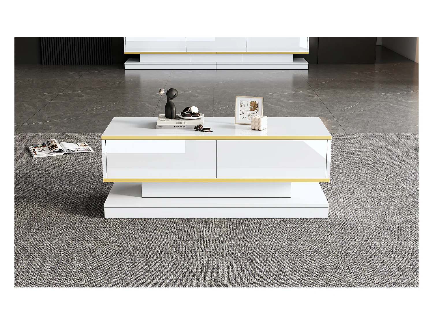 Table basse brillante - 100 x 50 x 38cm - avec 2 tiroir - table d'appoint - ggloméré - blanc