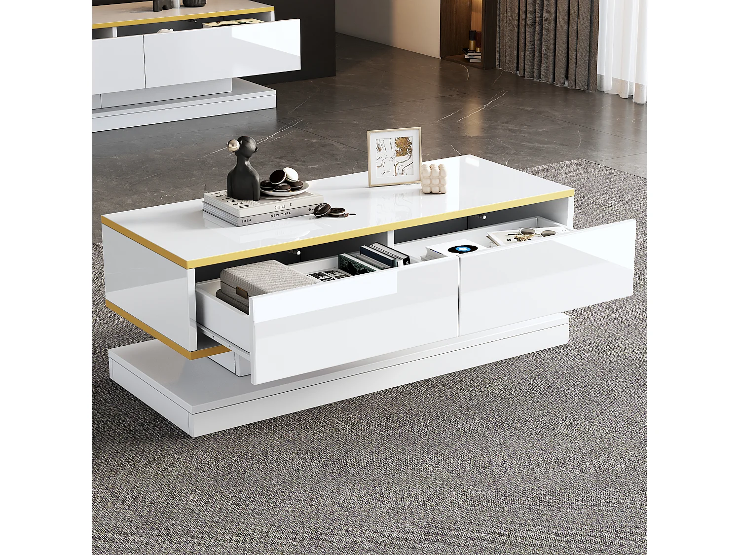 Table basse brillante - 100 x 50 x 38cm - avec 2 tiroir - table d'appoint - ggloméré - blanc