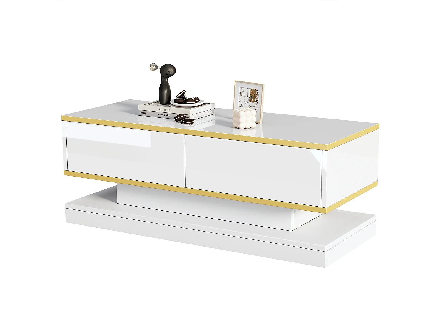 Table basse brillante - 100 x 50 x 38cm - avec 2 tiroir - table d'appoint - ggloméré - blanc