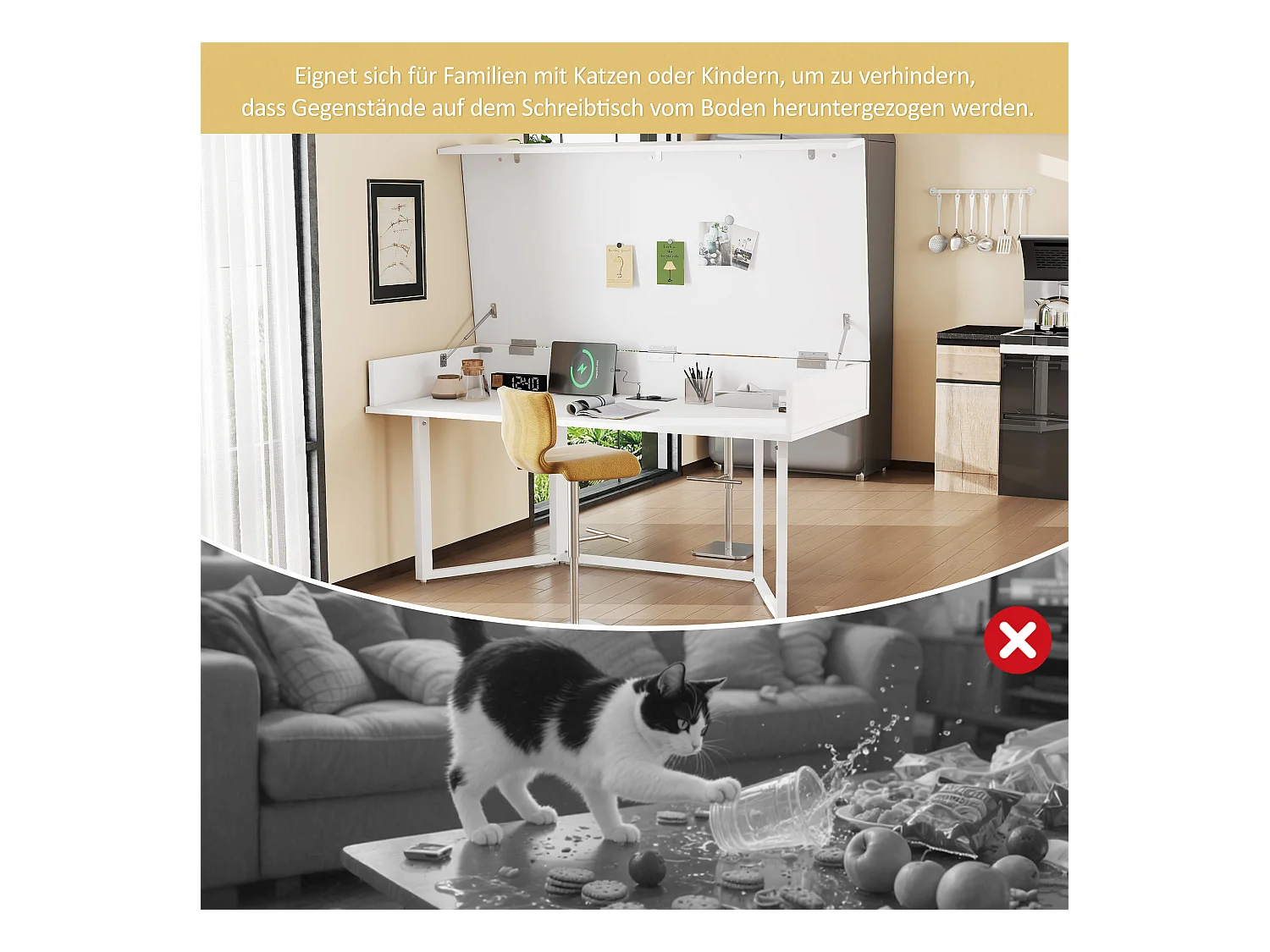 Bureau pliable - 120 x 55 x 76 cm - avec prises - design à clapet - MDF - blanc