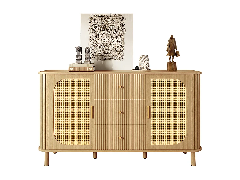 Buffet moderne - 140 x 40 x 80 cm - avec 3 tiroirs + 2 portes - aspect bois - MDF - naturel