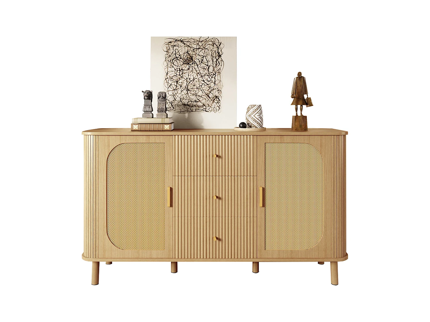 Buffet moderne - 140 x 40 x 80 cm - avec 3 tiroirs + 2 portes - aspect bois - MDF - naturel