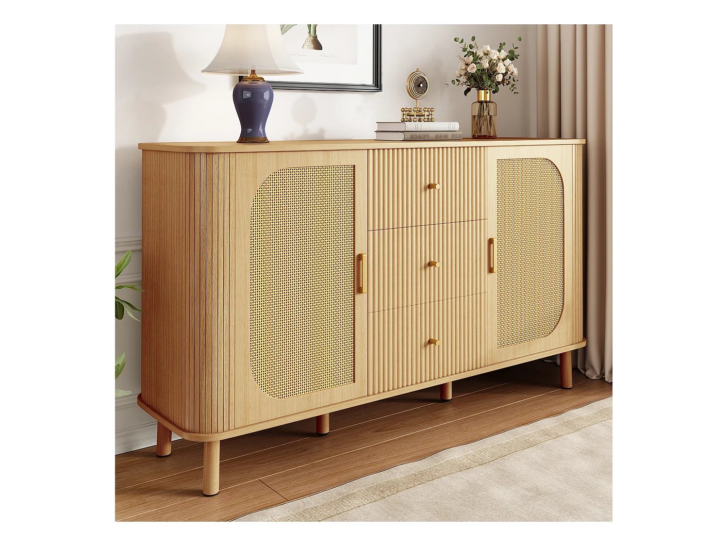 Buffet moderne - 140 x 40 x 80 cm - avec 3 tiroirs + 2 portes - aspect bois - MDF - naturel