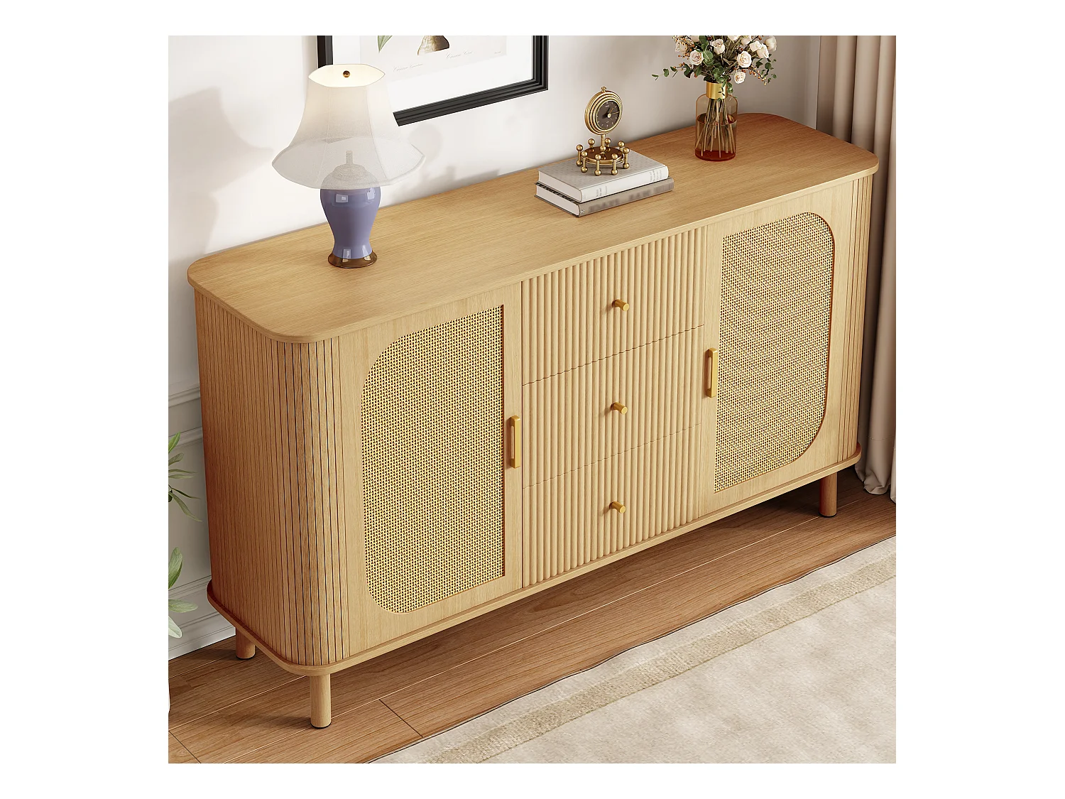 Buffet moderne - 140 x 40 x 80 cm - avec 3 tiroirs + 2 portes - aspect bois - MDF - naturel