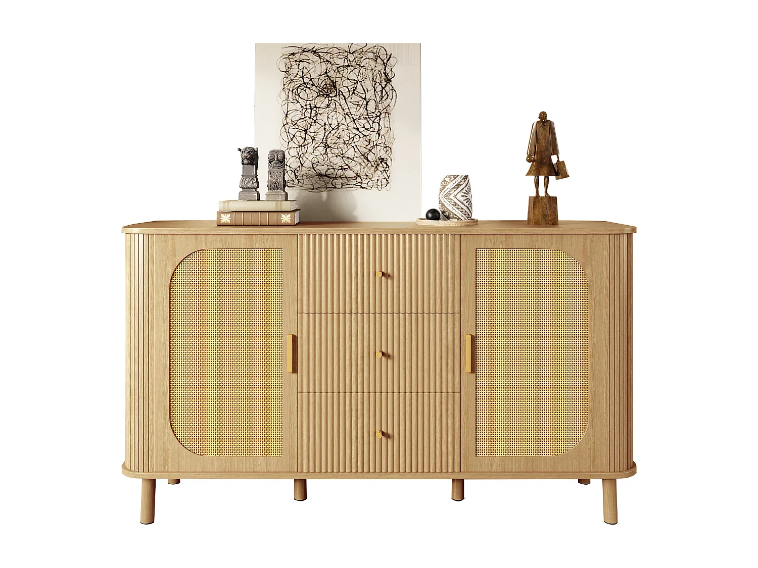 Buffet moderne - 140 x 40 x 80 cm - avec 3 tiroirs + 2 portes - aspect bois - MDF - naturel