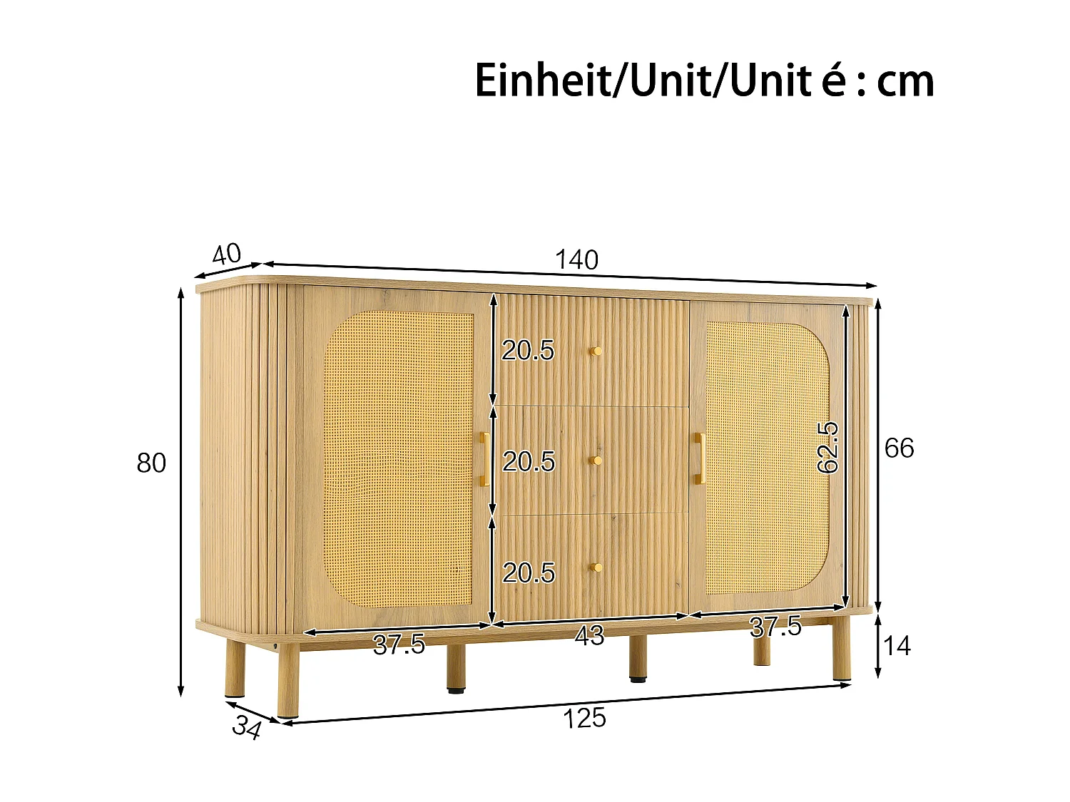 Buffet moderne - 140 x 40 x 80 cm - avec 3 tiroirs + 2 portes - aspect bois - MDF - naturel