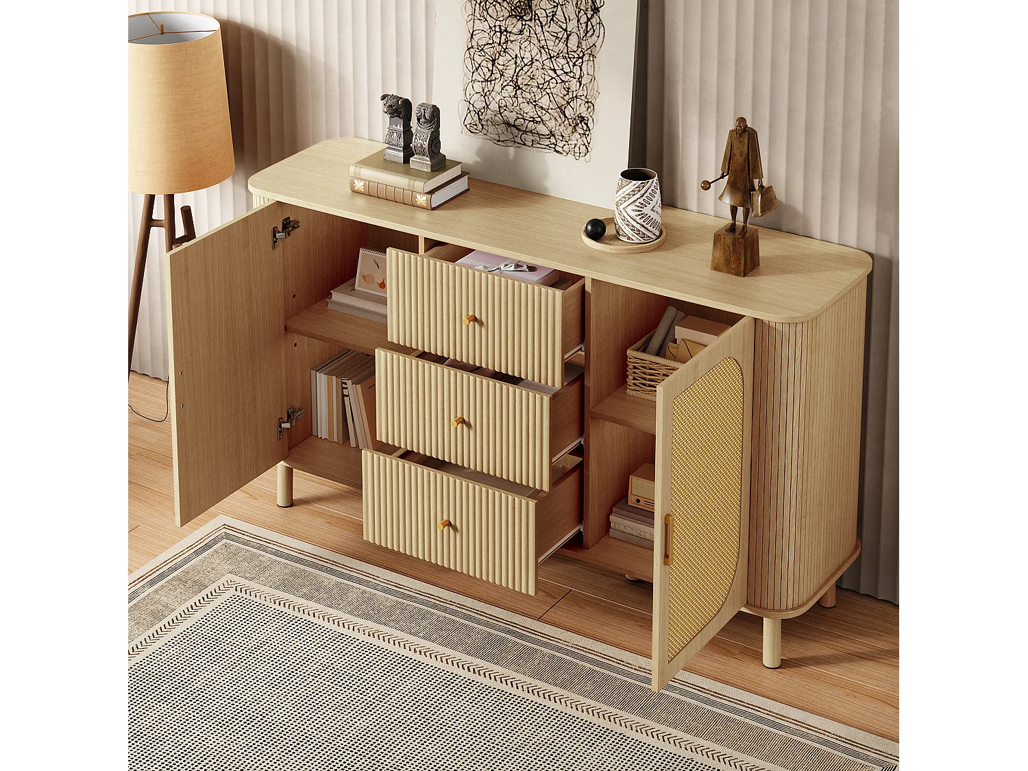 Buffet moderne - 140 x 40 x 80 cm - avec 3 tiroirs + 2 portes - aspect bois - MDF - naturel