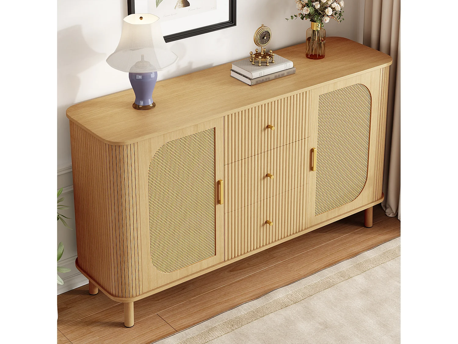 Buffet moderne - 140 x 40 x 80 cm - avec 3 tiroirs + 2 portes - aspect bois - MDF - naturel