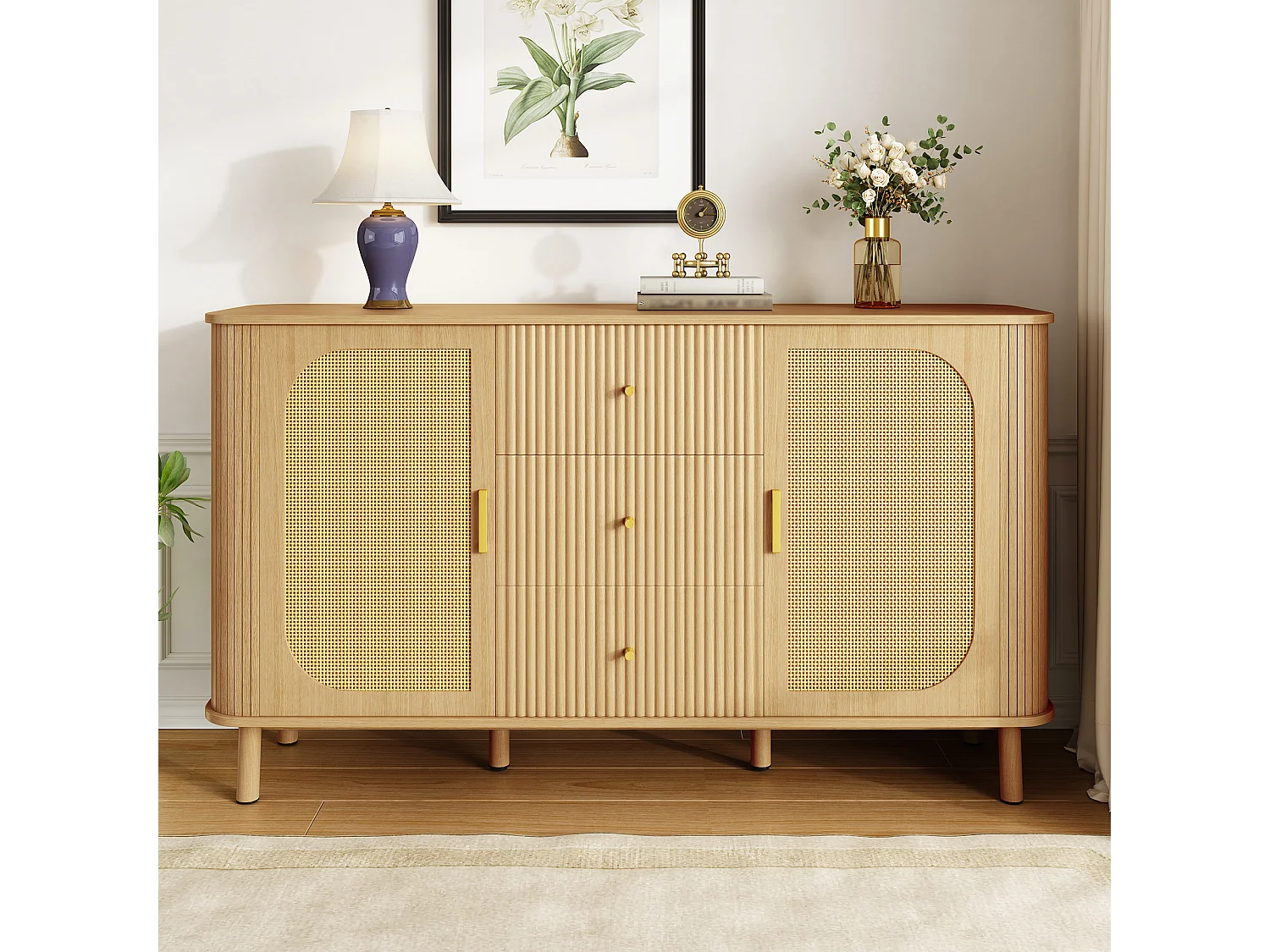 Aparador moderno - 140 x 40 x 80 cm - com 3 gavetas + 2 portas - efeito madeira - MDF - natural