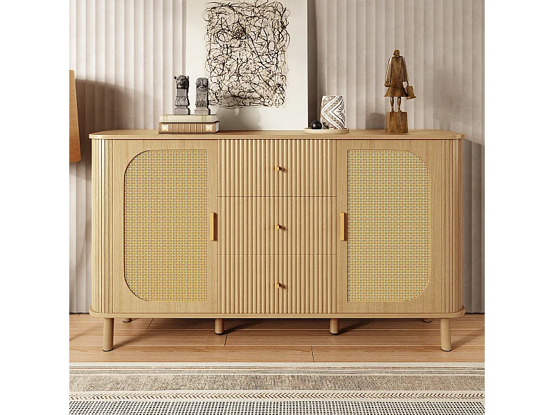 Aparador moderno - 140 x 40 x 80 cm - com 3 gavetas + 2 portas - efeito madeira - MDF - natural