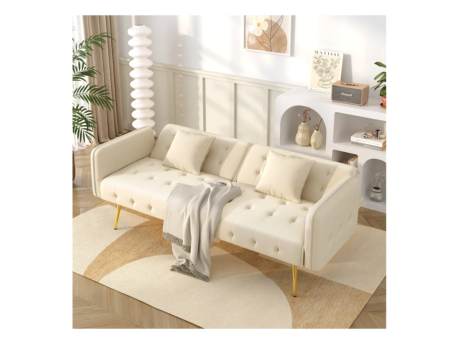 2-Sitzer-Schlafsofa – 178 x 82 x 70 cm – mit verstellbarer Rückenlehne und Armlehnen – Samt – Beige