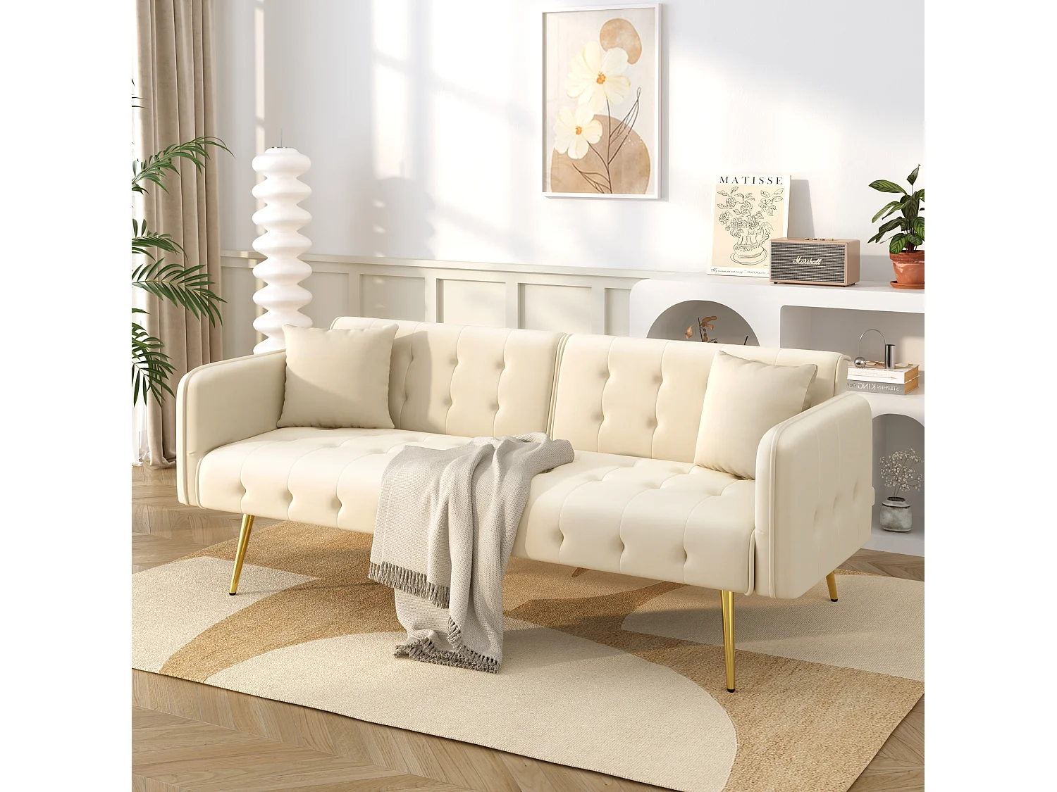 2-Sitzer-Schlafsofa – 178 x 82 x 70 cm – mit verstellbarer Rückenlehne und Armlehnen – Samt – Beige