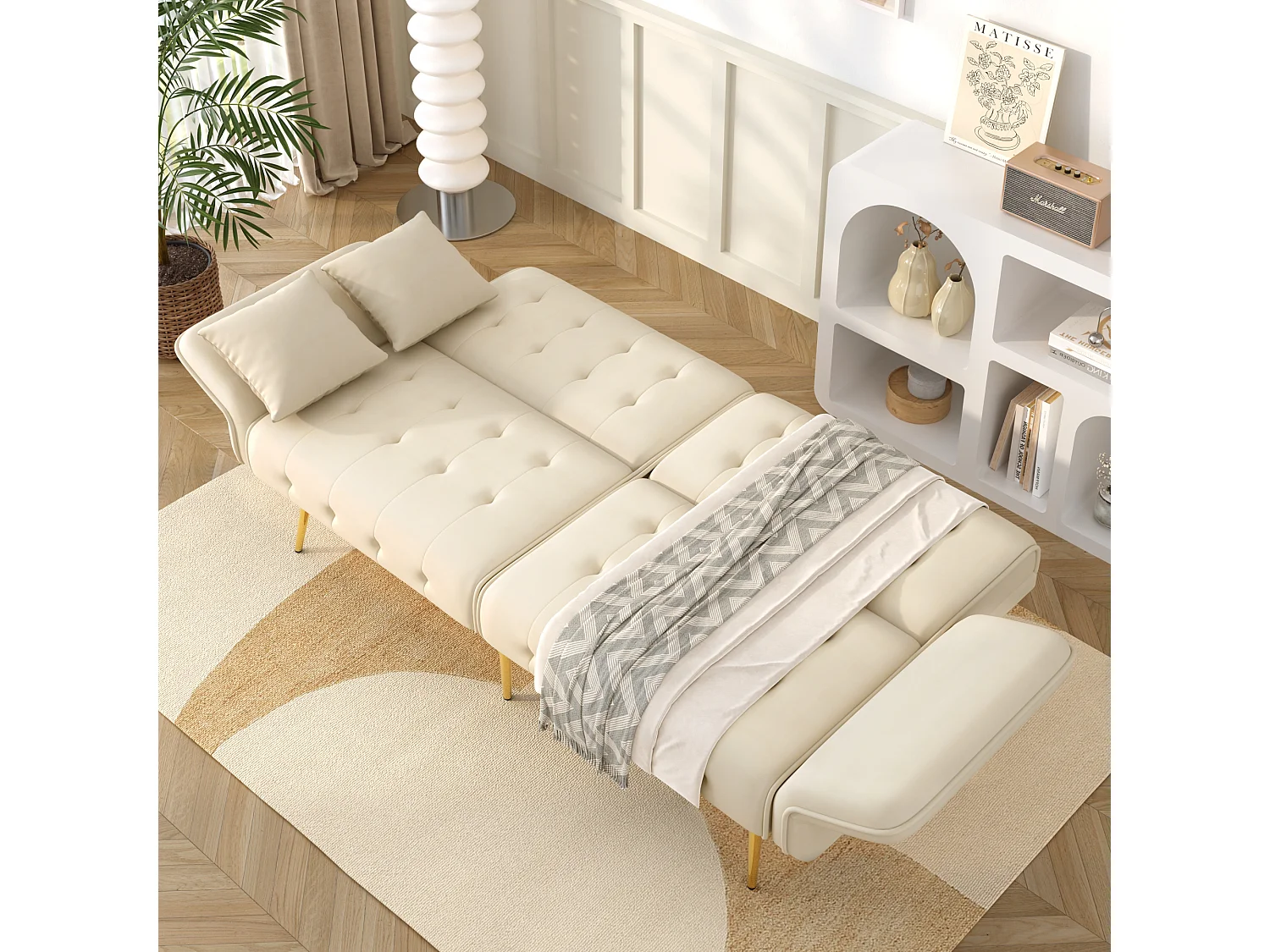 2-Sitzer-Schlafsofa – 178 x 82 x 70 cm – mit verstellbarer Rückenlehne und Armlehnen – Samt – Beige