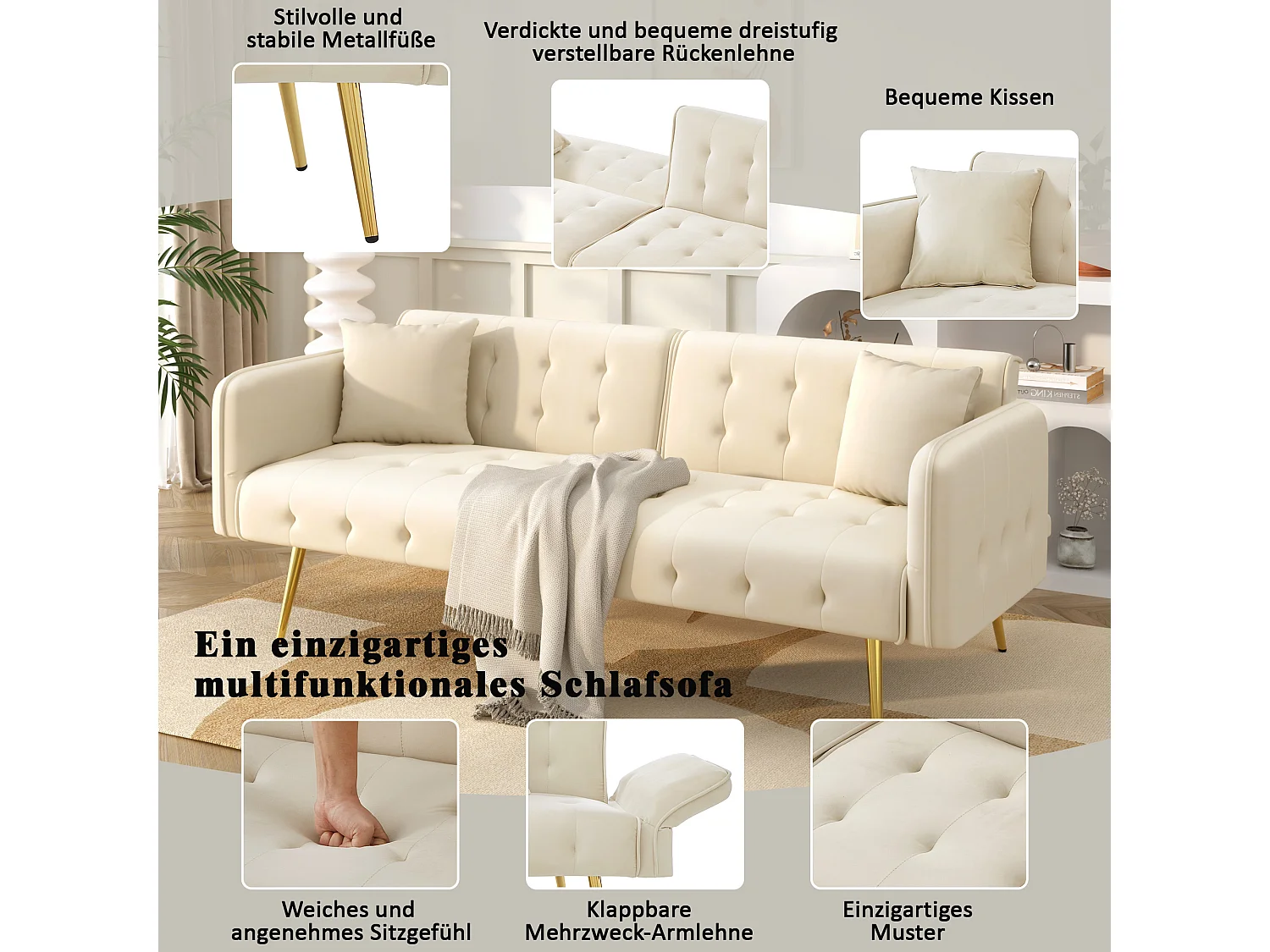 2-Sitzer-Schlafsofa – 178 x 82 x 70 cm – mit verstellbarer Rückenlehne und Armlehnen – Samt – Beige