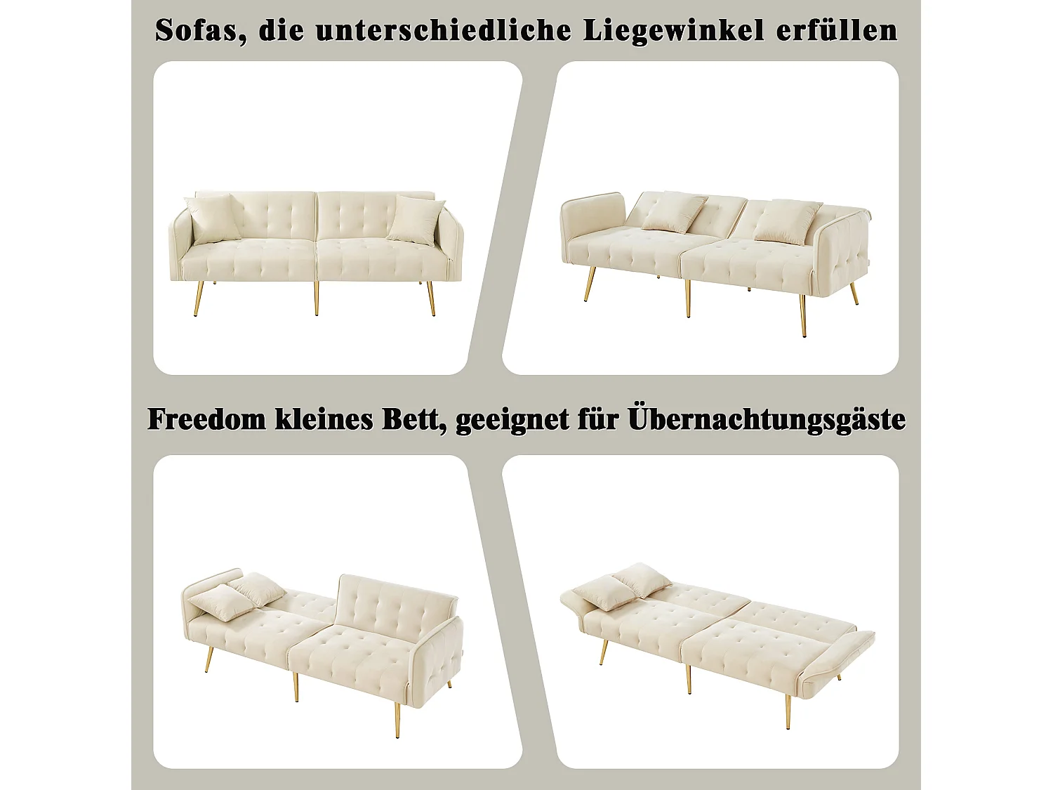 Canapé convertible 2 places - 178 x 82 x 70 cm - avec dossier réglable et accoudoirs - velours - beige