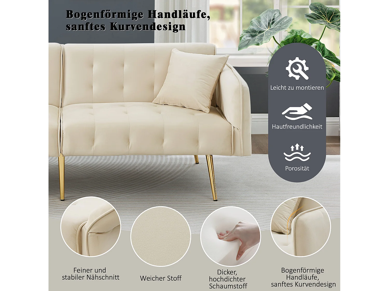 Canapé convertible 2 places - 178 x 82 x 70 cm - avec dossier réglable et accoudoirs - velours - beige