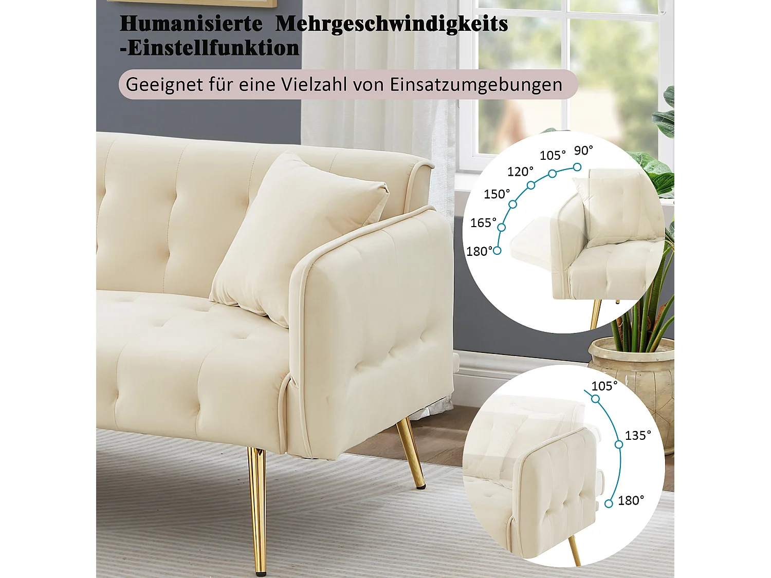 Canapé convertible 2 places - 178 x 82 x 70 cm - avec dossier réglable et accoudoirs - velours - beige