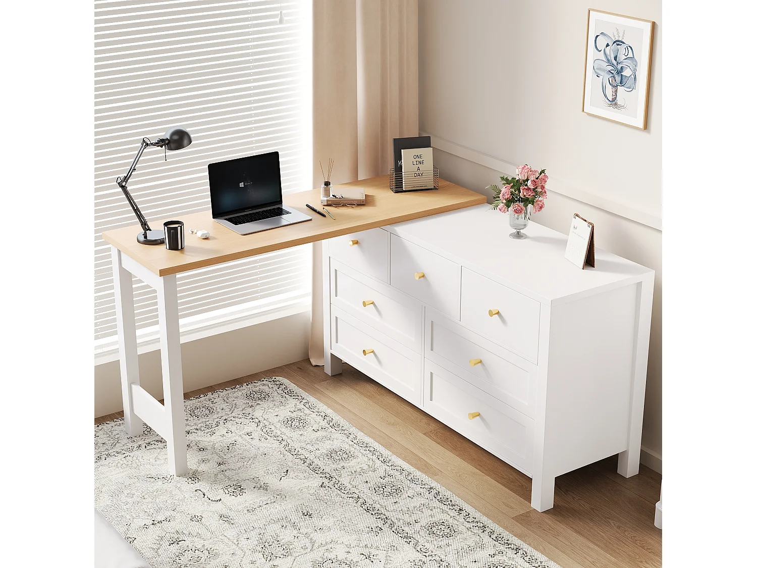 2-in-1 bureau en dressoir - 120 x 40 x 70 cm - 360° draaibaar - met 7 lades - spaanplaat - wit