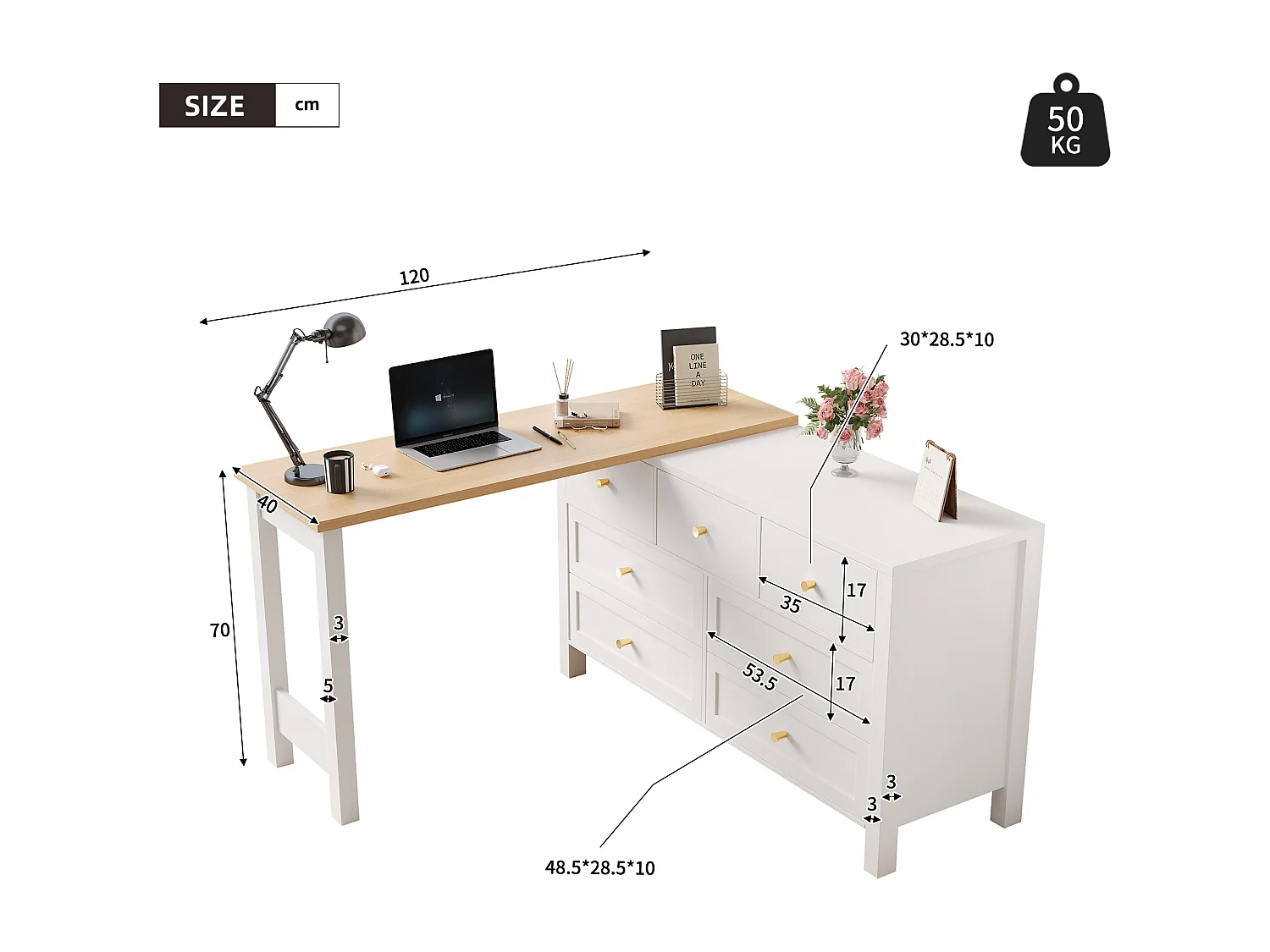 2-in-1 bureau en dressoir - 120 x 40 x 70 cm - 360° draaibaar - met 7 lades - spaanplaat - wit