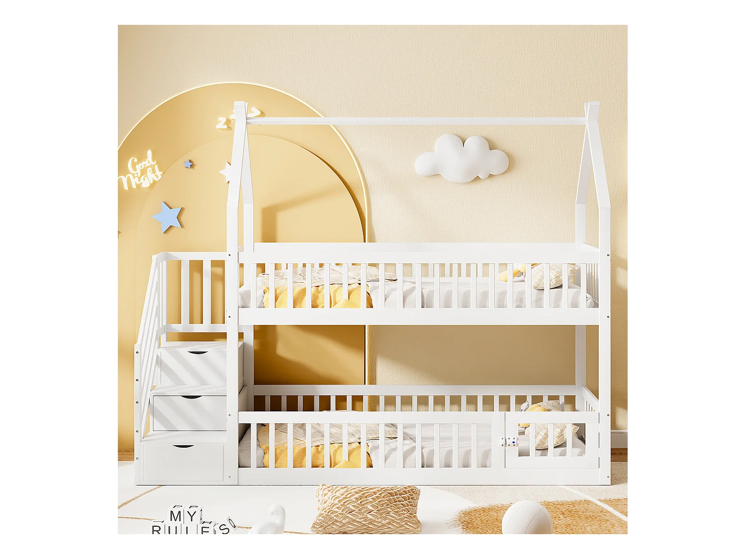 Lit superposés enfant - 2 x 90 x 200 - avec escalier de rangement + barrières + toit - bois - blanc