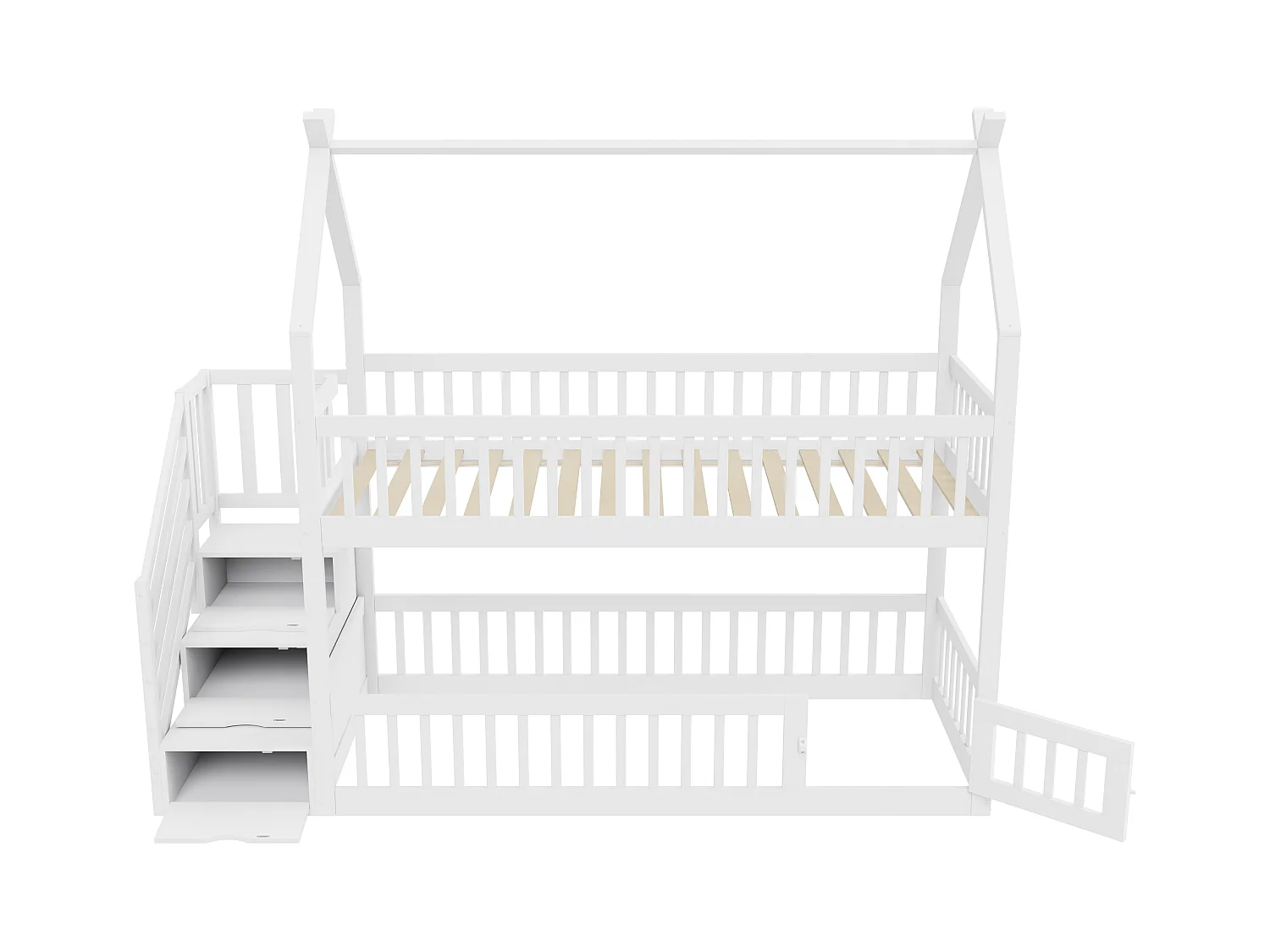 Lit superposés enfant - 2 x 90 x 200 - avec escalier de rangement + barrières + toit - bois - blanc