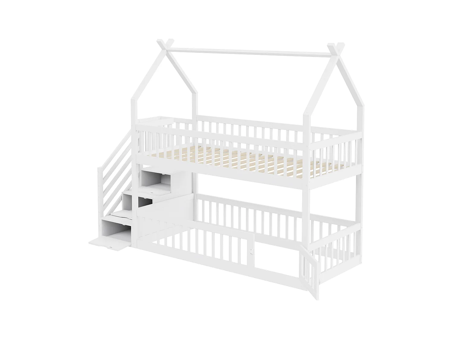 Lit superposés enfant - 2 x 90 x 200 - avec escalier de rangement + barrières + toit - bois - blanc