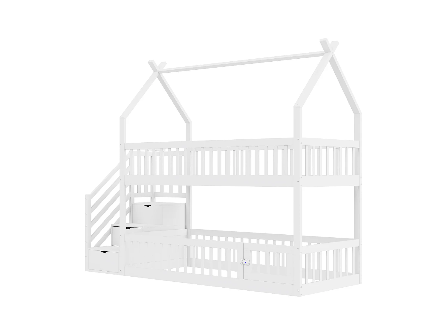 Lit superposés enfant - 2 x 90 x 200 - avec escalier de rangement + barrières + toit - bois - blanc