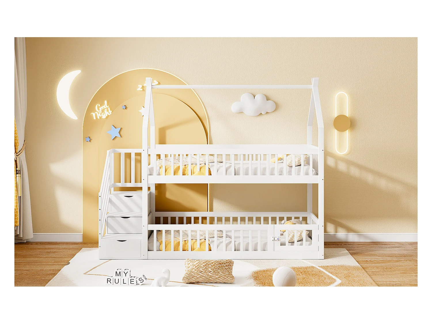 Lit superposés enfant - 2 x 90 x 200 - avec escalier de rangement + barrières + toit - bois - blanc