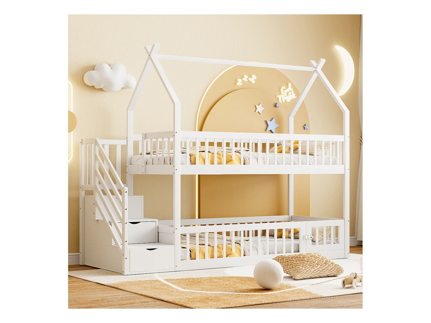 Lit superposés enfant - 2 x 90 x 200 - avec escalier de rangement + barrières + toit - bois - blanc